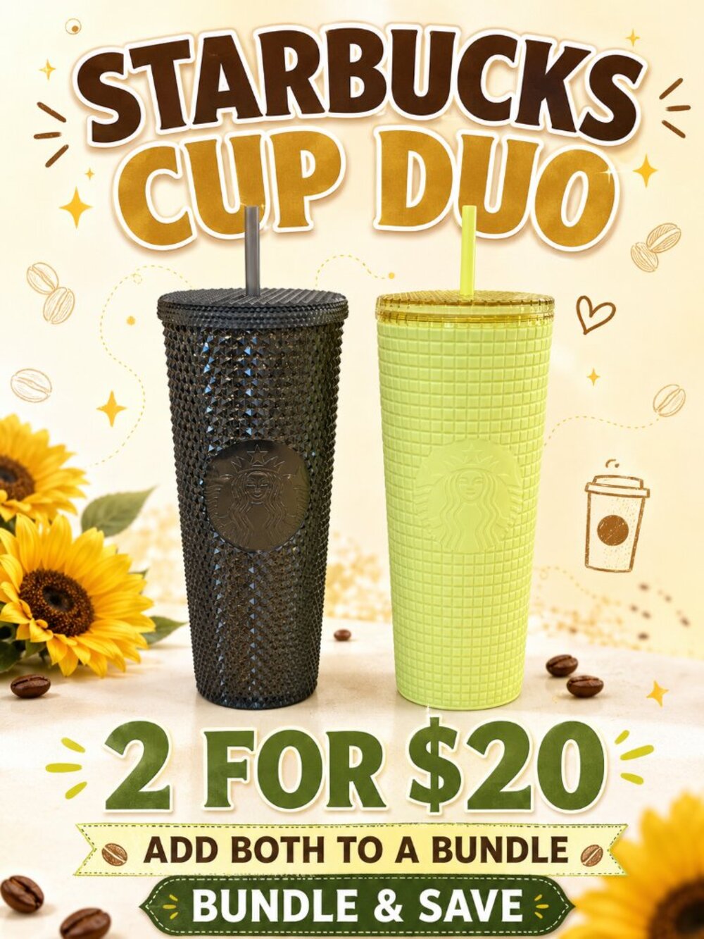 Starbucks Black Studded & Lime Green Grid Cold Cup Tumbler Set of 2